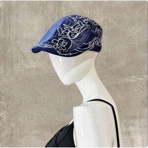 Y2K Navy Blue Embroidered Newsboy Cap Floral Swirl Adjustable Hat Grunge Indie
